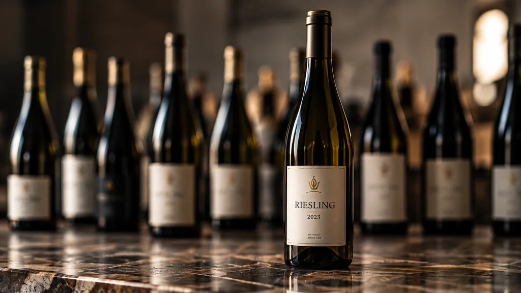Rieslingflasche vor einer Reihe unetikettierter Weinflaschen