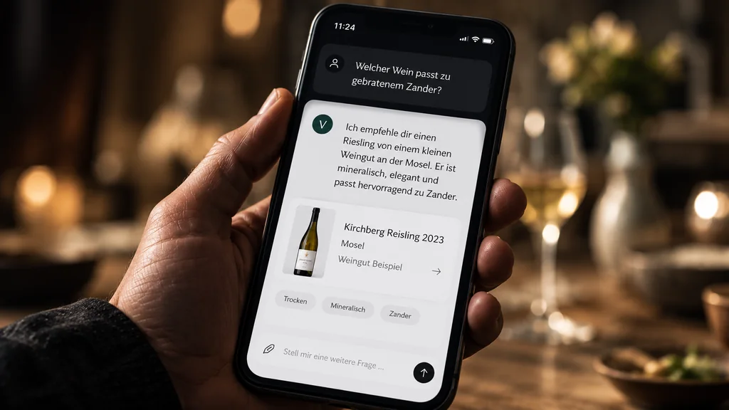 Hand hält ein Smartphone mit einer KI-Weinempfehlung
