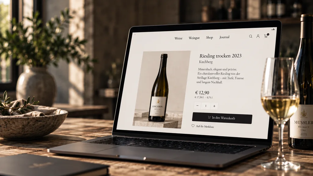 Laptop mit klassischer Weinshop-Produktseite auf einem Holztisch