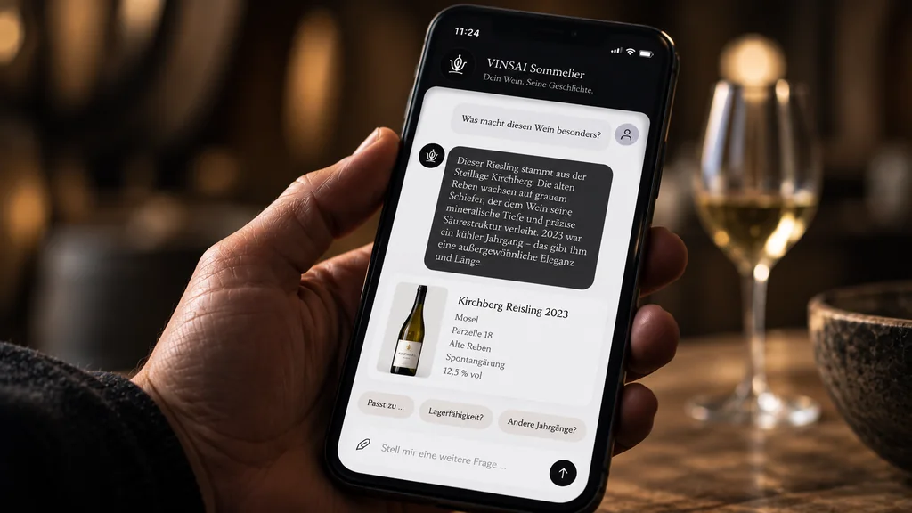 Smartphone zeigt den VINSAI Sommelier im Gespräch
