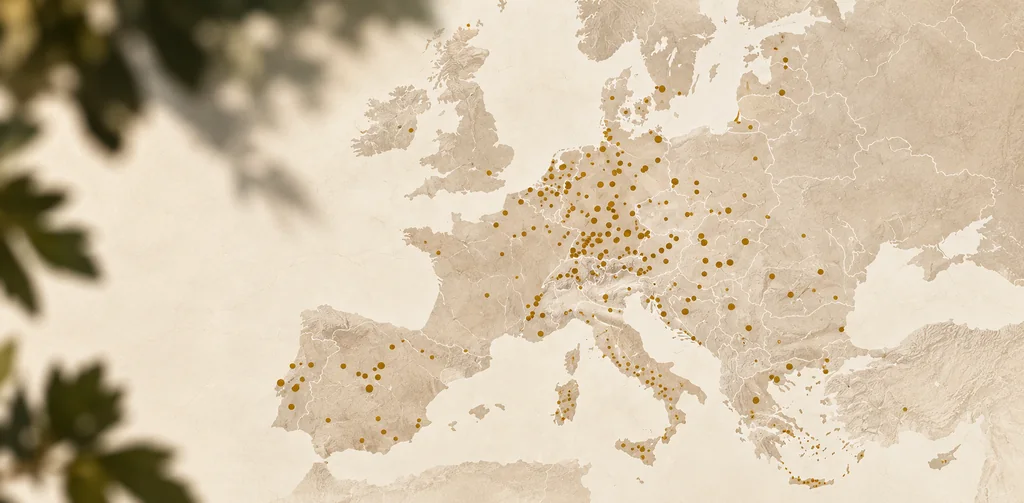 Karte Europas mit goldenen Punkten für Weingüter