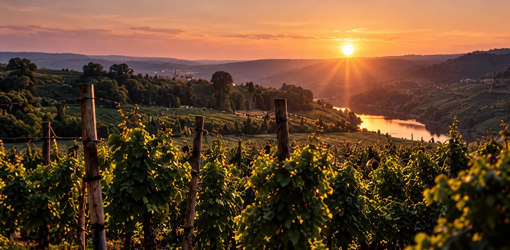 Weinberg an der Mosel im Sonnenuntergang